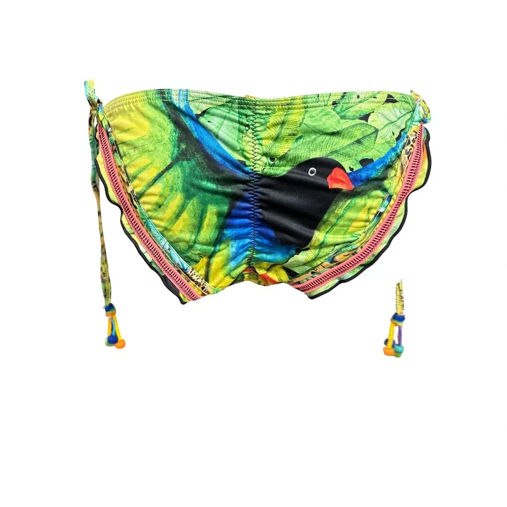 Agua Bendita Ave Birds Bikini Swim Bottom LARGE Green Black‎ Hand Embellished